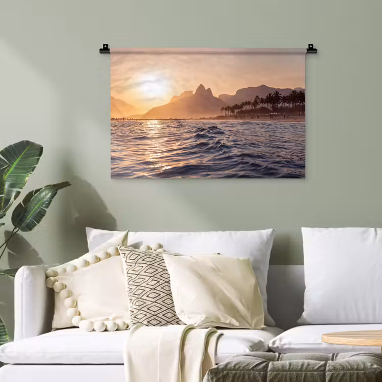 Zee - Golven - Zonsondergang - Kust - Goud Wandkleed katoen klein -sfeer7
