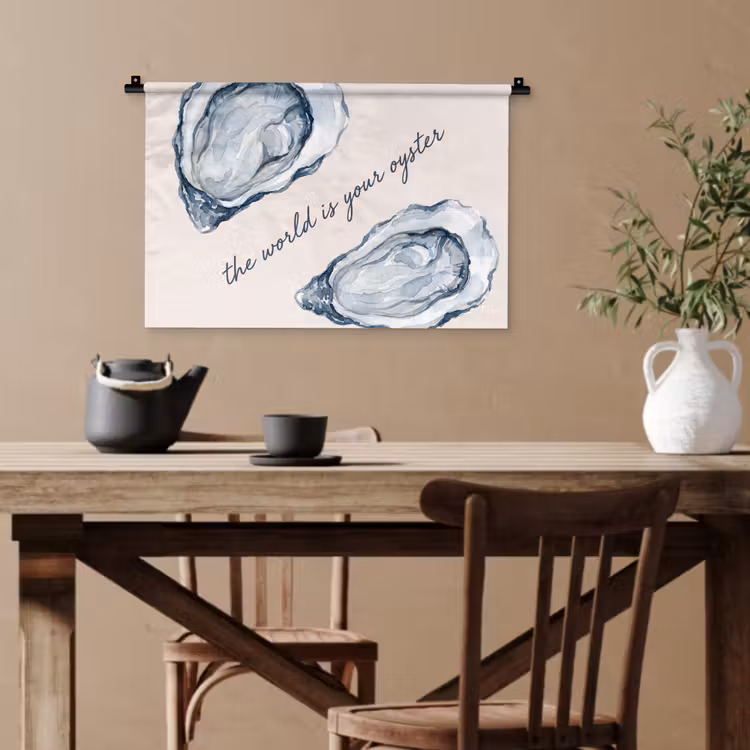 Zeeleven - Oester - Aquarel - Minimalistisch - Blauw Wandkleed katoen klein -sfeer6