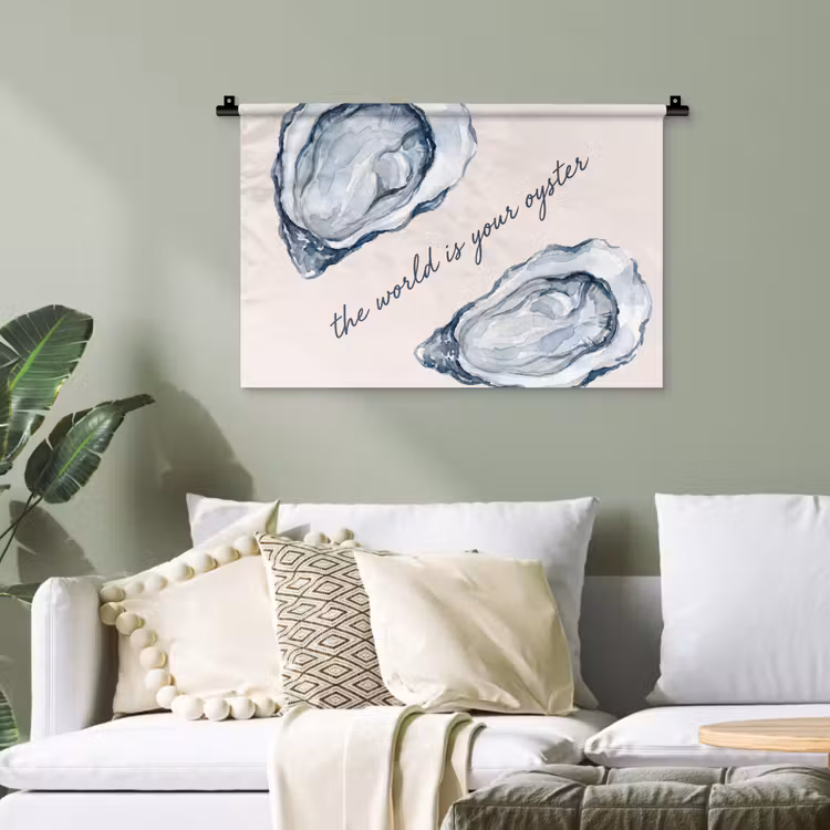 Zeeleven - Oester - Aquarel - Minimalistisch - Blauw Wandkleed katoen klein -sfeer7