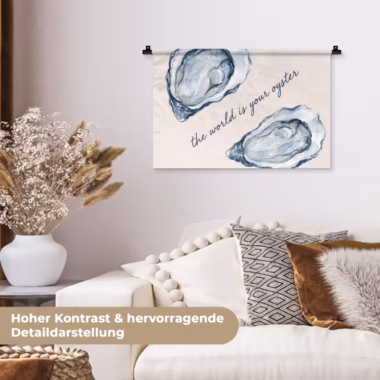 Zeeleven - Oester - Aquarel - Minimalistisch - Blauw Wandkleed katoen klein -tsfeer1_DE