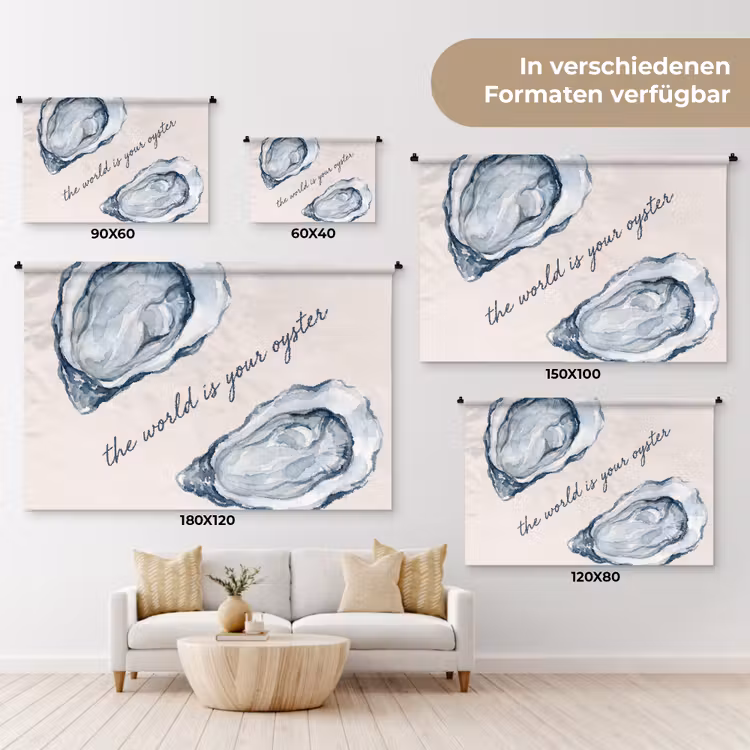 Zeeleven - Oester - Aquarel - Minimalistisch - Blauw Wandkleed katoen klein -tsfeer8_DE