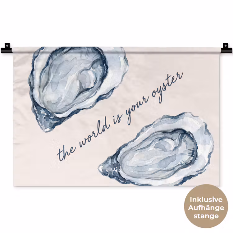 Zeeleven - Oester - Aquarel - Minimalistisch - Blauw Wandkleed katoen klein -t3d_DE