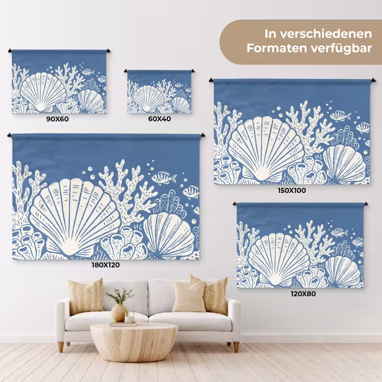 Zeeleven - Koraal - Schelp - Vis - Illustratie - Onderwater Wandkleed katoen klein -tsfeer8_DE