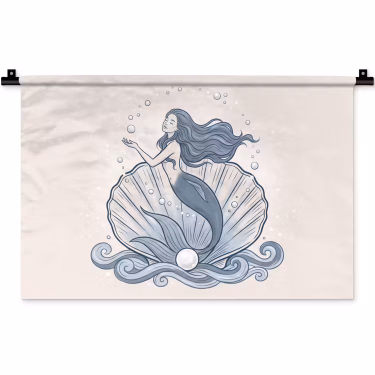 Zeemeermin - Schelp - Zee - Fantasie - Blauw Wandkleed katoen klein -zz3d