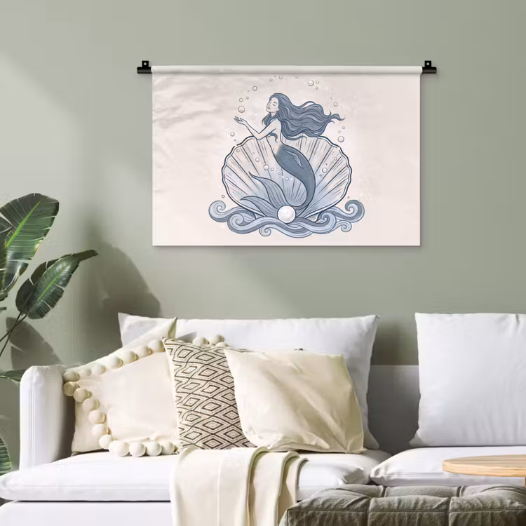 Zeemeermin - Schelp - Zee - Fantasie - Blauw Wandkleed katoen klein -sfeer7