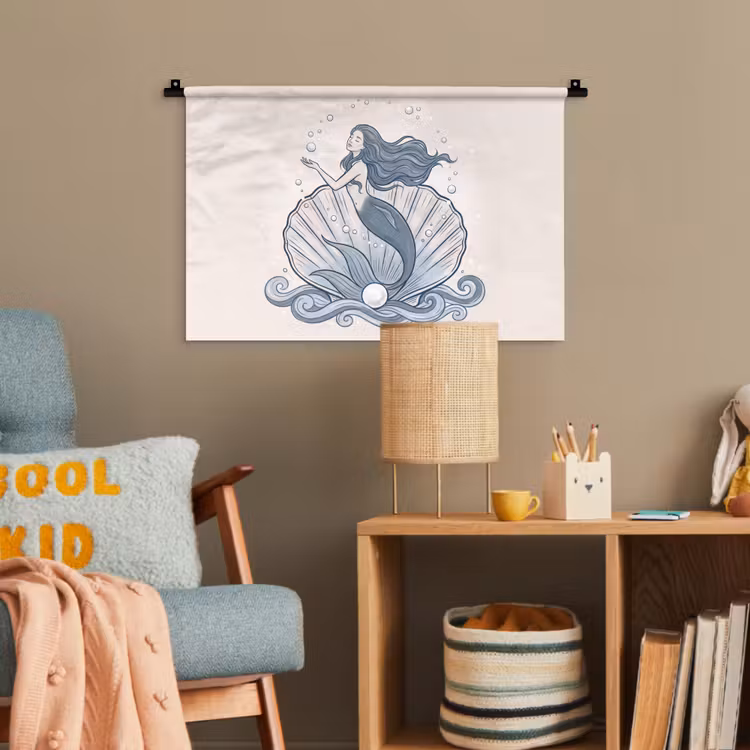 Zeemeermin - Schelp - Zee - Fantasie - Blauw Wandkleed katoen klein -wsfeer4_kind
