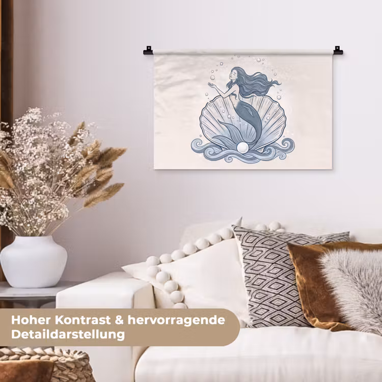Zeemeermin - Schelp - Zee - Fantasie - Blauw Wandkleed katoen klein -tsfeer1_DE