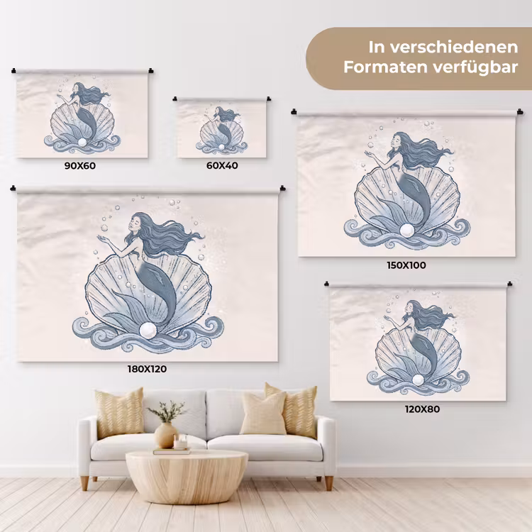 Zeemeermin - Schelp - Zee - Fantasie - Blauw Wandkleed katoen klein -tsfeer8_DE