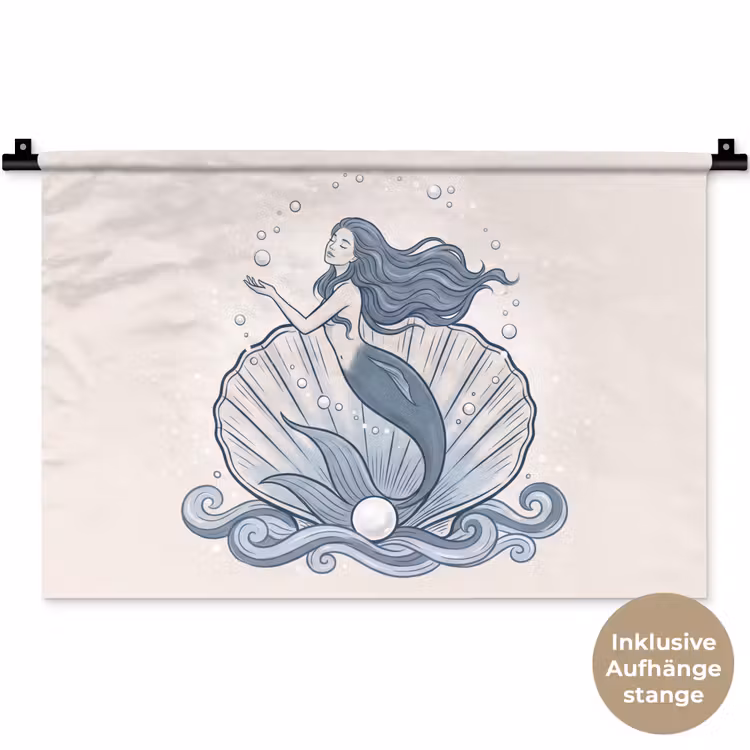 Zeemeermin - Schelp - Zee - Fantasie - Blauw Wandkleed katoen klein -t3d_DE