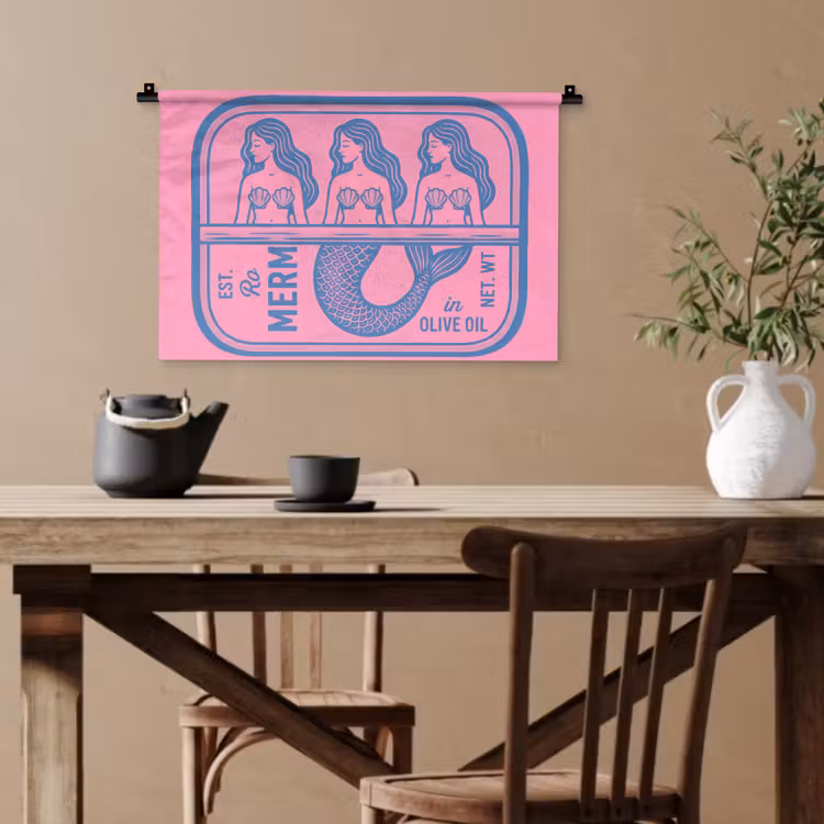 Meermin - Sardineblik - Illustratie - Roze - Retro Wandkleed katoen klein -sfeer6