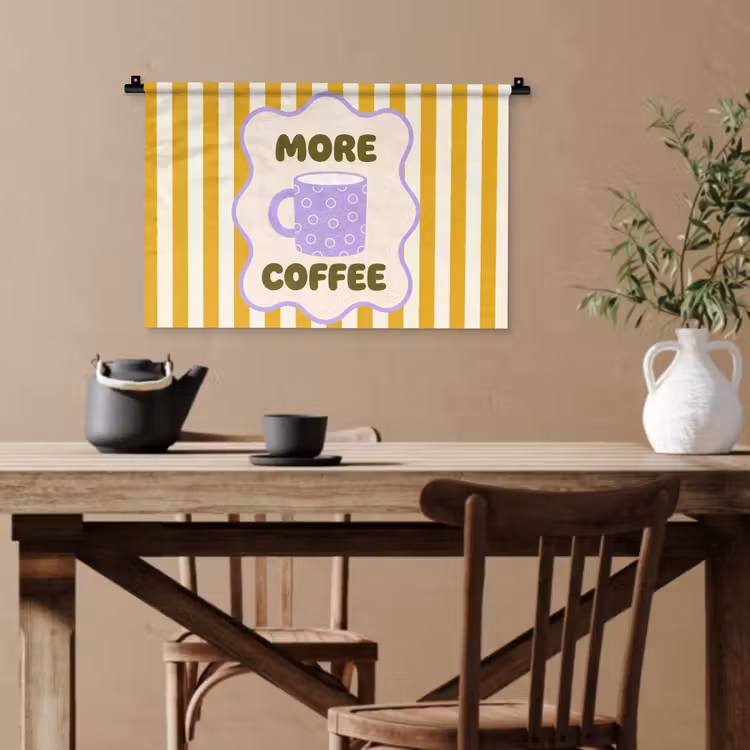 More coffee - Geel - Paars - Strepen - Mok Wandkleed katoen klein -sfeer6