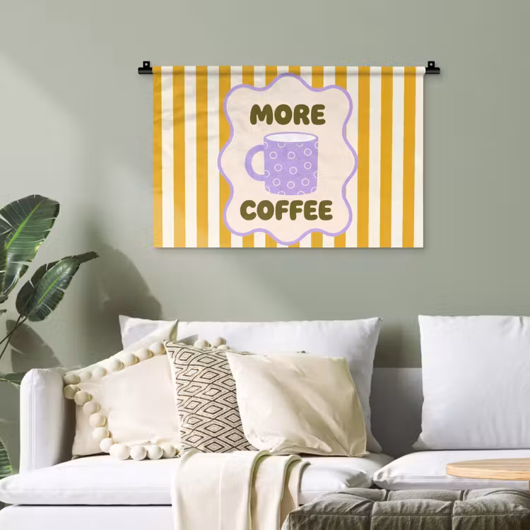 More coffee - Geel - Paars - Strepen - Mok Wandkleed katoen klein -sfeer7
