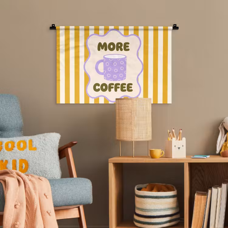 More coffee - Geel - Paars - Strepen - Mok Wandkleed katoen klein -wsfeer4_kind
