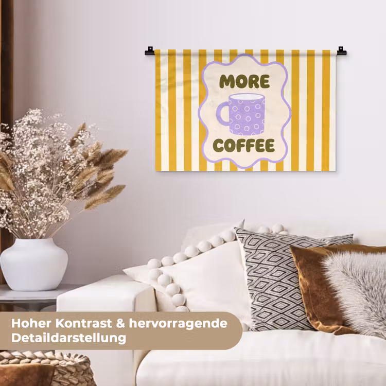 More coffee - Geel - Paars - Strepen - Mok Wandkleed katoen klein -tsfeer1_DE