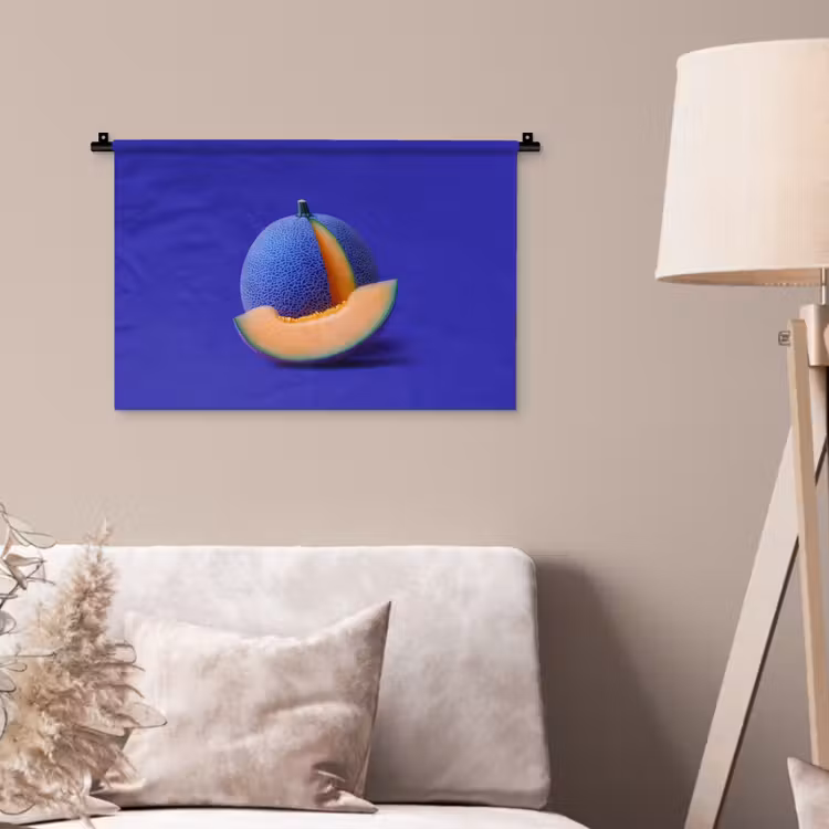 Meloen - Blauw - Oranje - Kunstzinnig Wandkleed katoen klein -sfeer4
