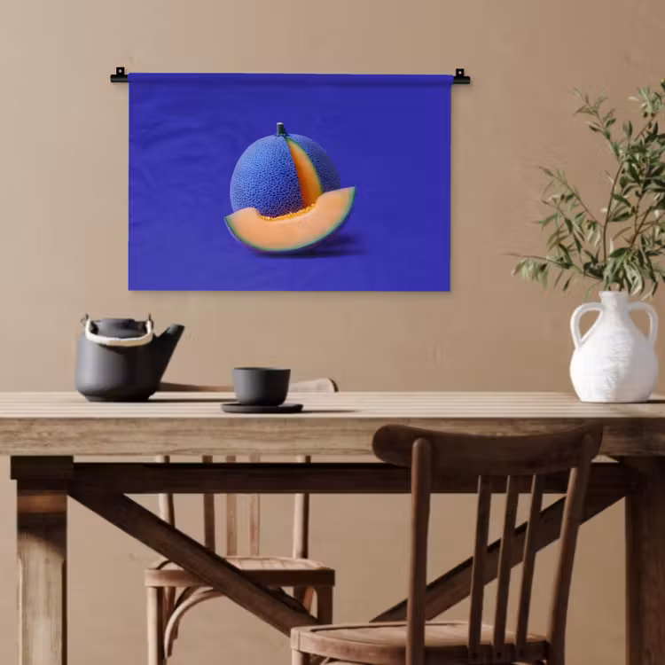 Meloen - Blauw - Oranje - Kunstzinnig Wandkleed katoen klein -sfeer6