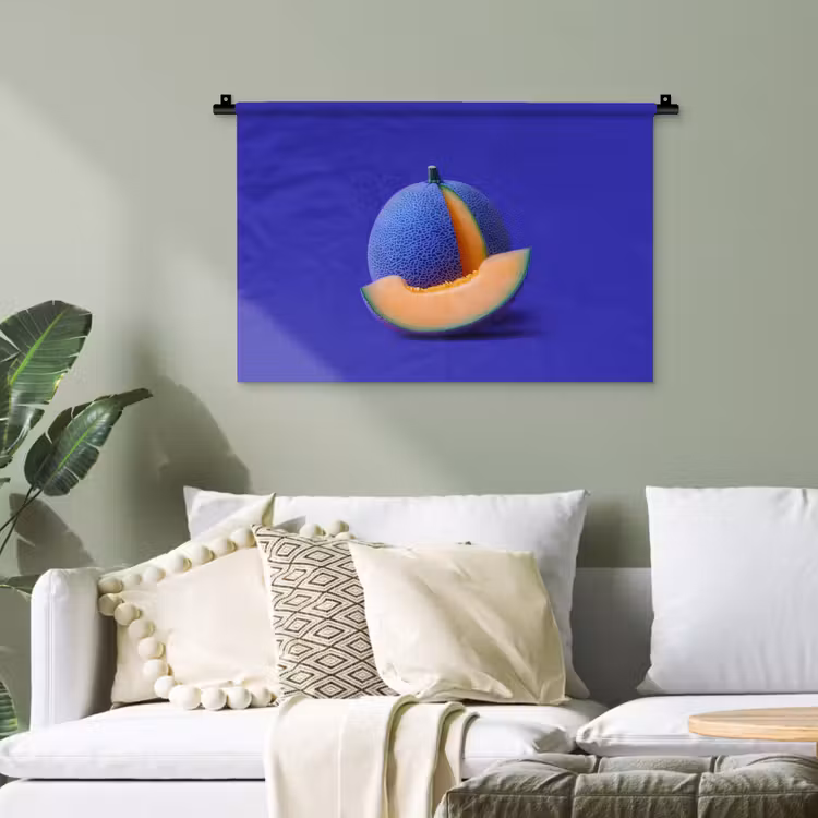 Meloen - Blauw - Oranje - Kunstzinnig Wandkleed katoen klein -sfeer7