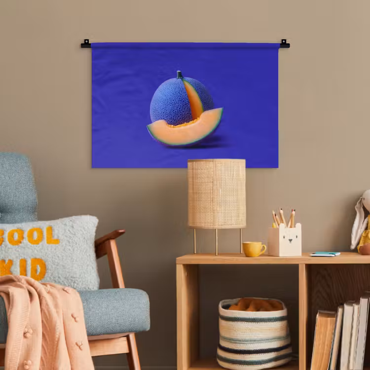Meloen - Blauw - Oranje - Kunstzinnig Wandkleed katoen klein -wsfeer4_kind