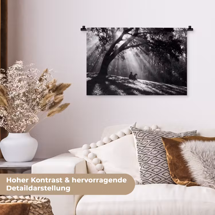 Mens - Hond - Natuur - Zwart-wit - Silhouet Wandkleed katoen klein -tsfeer1_DE