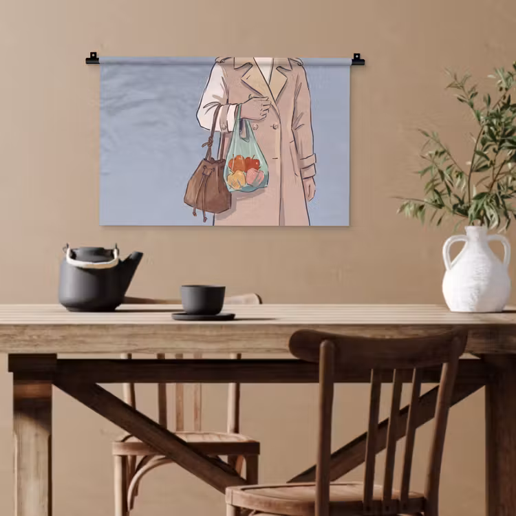 Mensen - Boodschappen - Stadsleven - Modern - Kleurrijk Wandkleed katoen klein -sfeer6