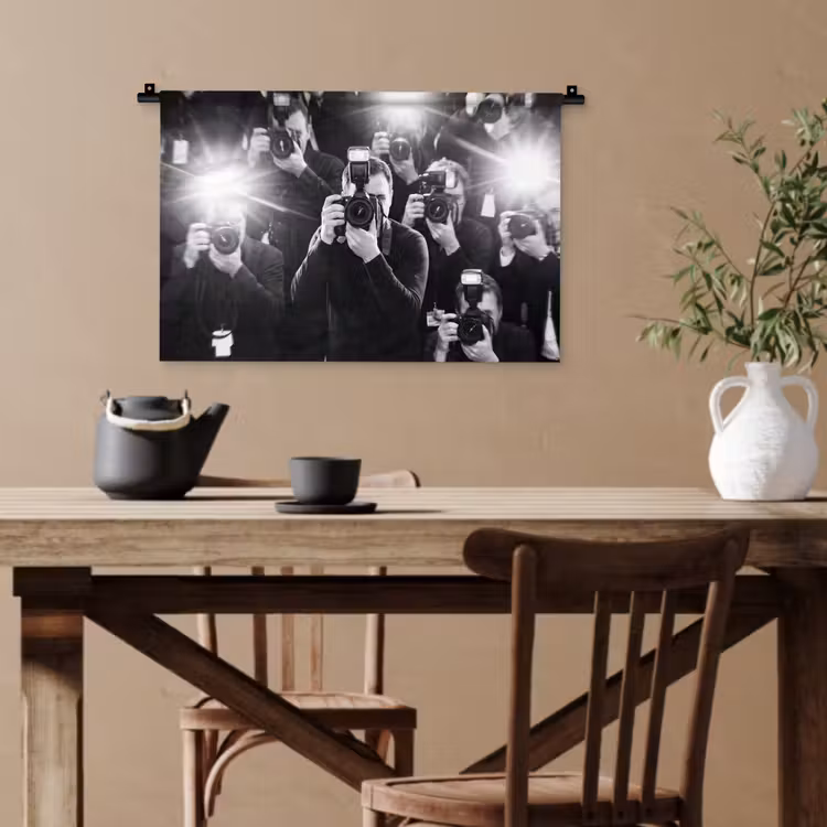 Mensen - Camera - Flitslicht - Zwart-wit - Media Wandkleed katoen klein -sfeer6
