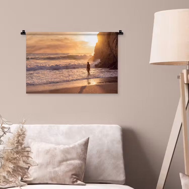 Mensen - Oceaan - Zonsondergang - Kust - Goud Wandkleed katoen klein -sfeer4