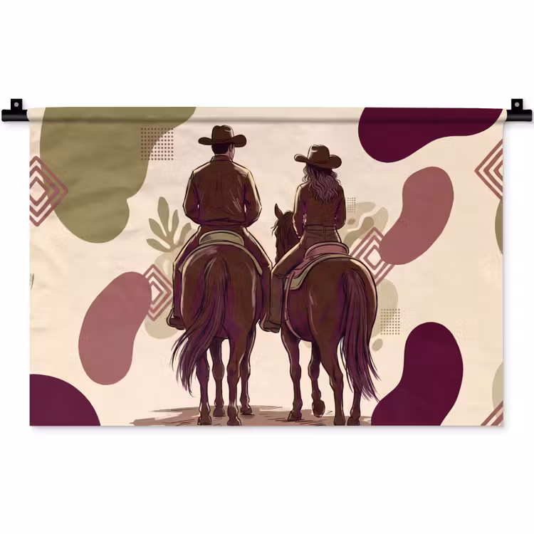 Mensen - Ruiters - Western - Illustratie - Bruin Wandkleed katoen klein -zz3d