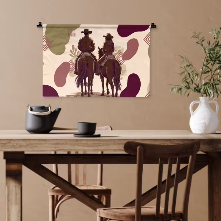 Mensen - Ruiters - Western - Illustratie - Bruin Wandkleed katoen klein -sfeer6
