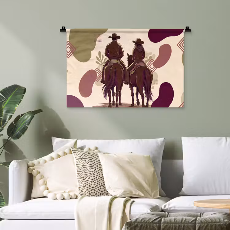 Mensen - Ruiters - Western - Illustratie - Bruin Wandkleed katoen klein -sfeer7