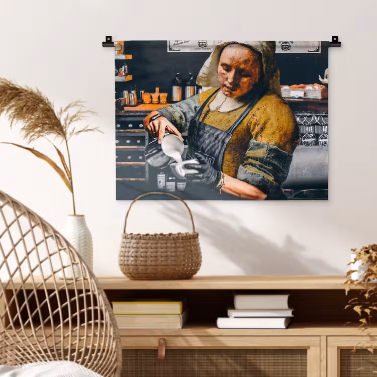 Melkmeisje - Barista - Koffie - Vintage - Kunst - Abstract - Schilderij - Oude meesters Wandkleed katoen klein -sfeer5