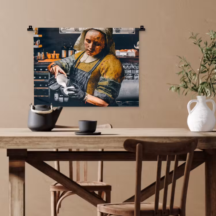 Melkmeisje - Barista - Koffie - Vintage - Kunst - Abstract - Schilderij - Oude meesters Wandkleed katoen klein -sfeer6