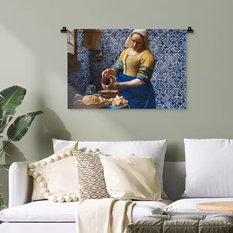 Melkmeisje - Delfts Blauw - Vermeer - Schilderij - Oude meesters Wandkleed katoen klein -sfeer7