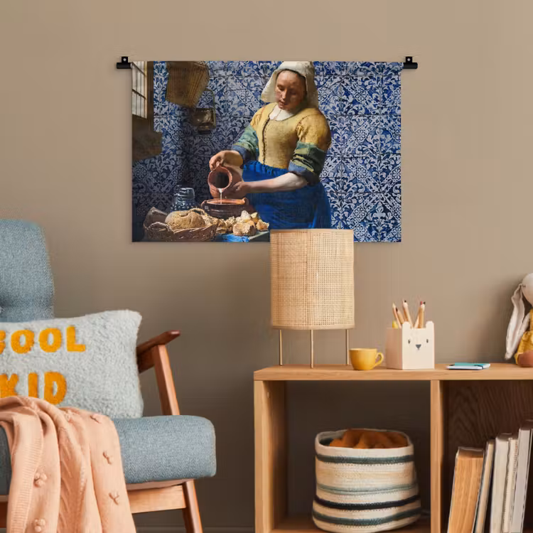 Melkmeisje - Delfts Blauw - Vermeer - Schilderij - Oude meesters Wandkleed katoen klein -wsfeer4_kind