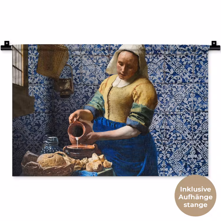 Melkmeisje - Delfts Blauw - Vermeer - Schilderij - Oude meesters Wandkleed katoen klein -t3d_DE