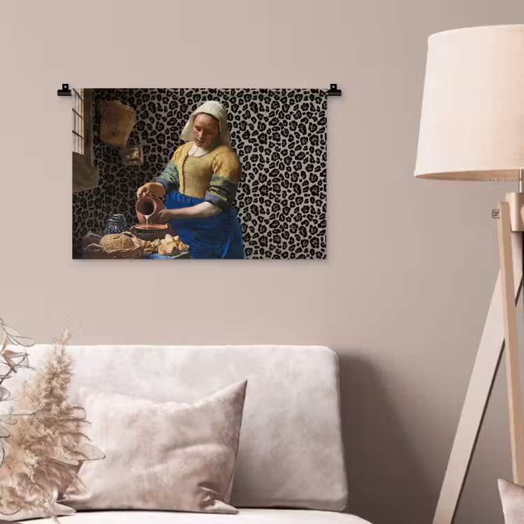 Melkmeisje - Kunst - Panterprint - Vermeer - Schilderij - Oude meesters Wandkleed katoen klein -sfeer4