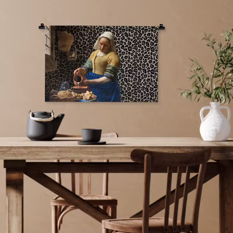 Melkmeisje - Kunst - Panterprint - Vermeer - Schilderij - Oude meesters Wandkleed katoen klein -sfeer6