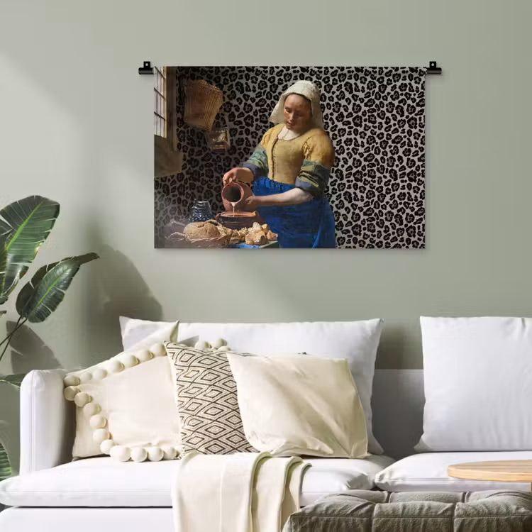 Melkmeisje - Kunst - Panterprint - Vermeer - Schilderij - Oude meesters Wandkleed katoen klein -sfeer7