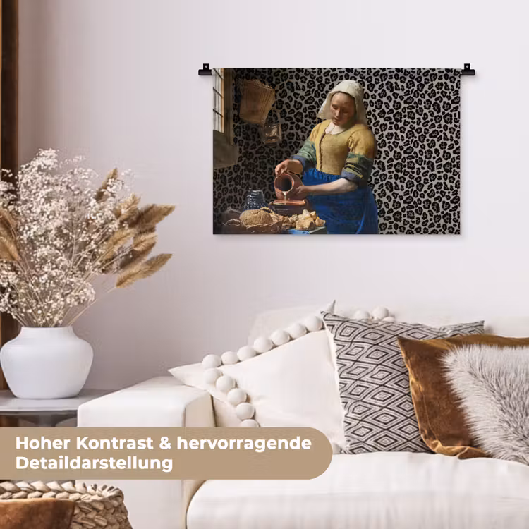 Melkmeisje - Kunst - Panterprint - Vermeer - Schilderij - Oude meesters Wandkleed katoen klein -tsfeer1_DE