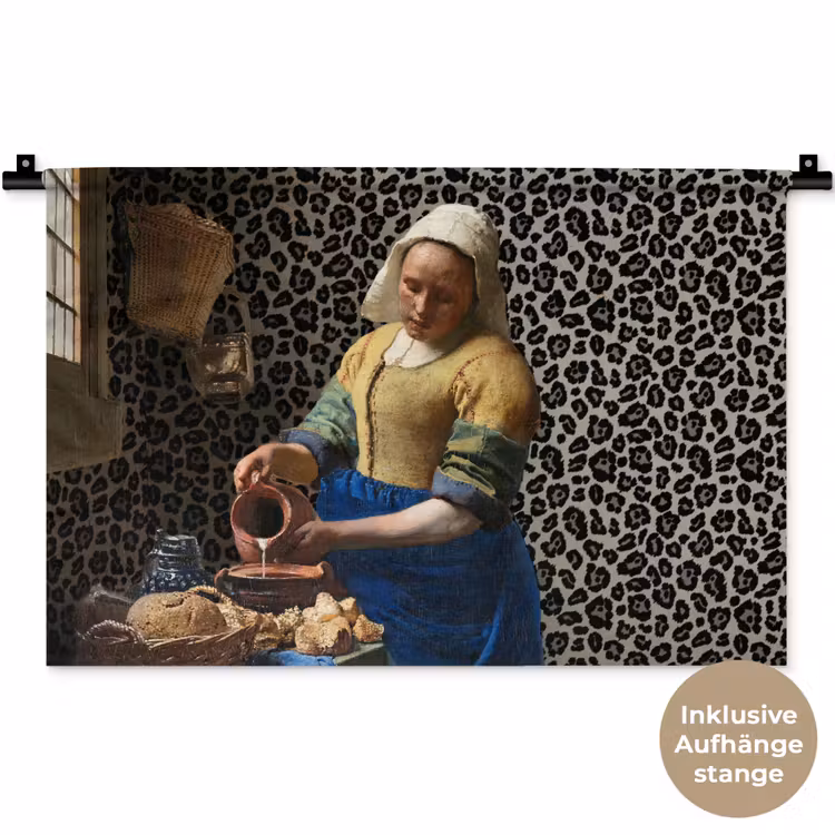 Melkmeisje - Kunst - Panterprint - Vermeer - Schilderij - Oude meesters Wandkleed katoen klein -t3d_DE
