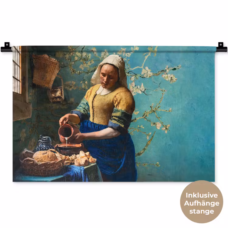 Melkmeisje - Amandelbloesem - Van Gogh - Vermeer - Schilderij - Oude meesters Wandkleed katoen klein -t3d_DE