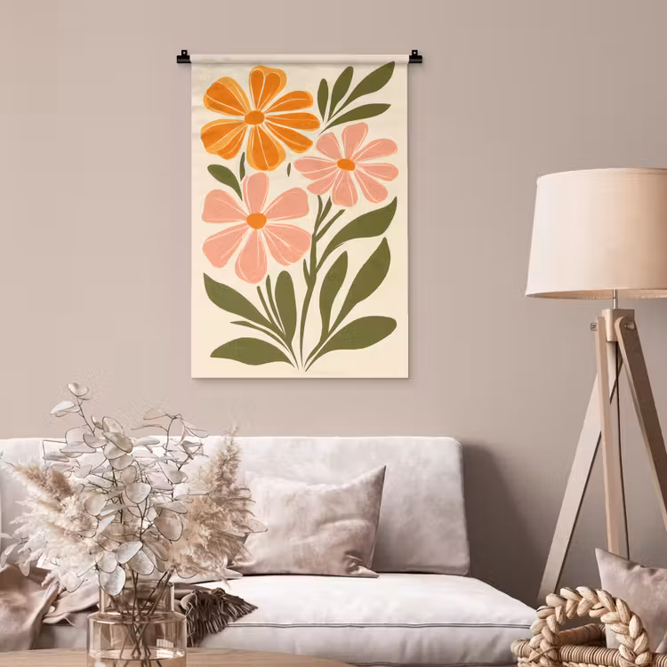 Minimalistisch - Bloemen - Bladeren - Roze Wandkleed katoen klein -sfeer4