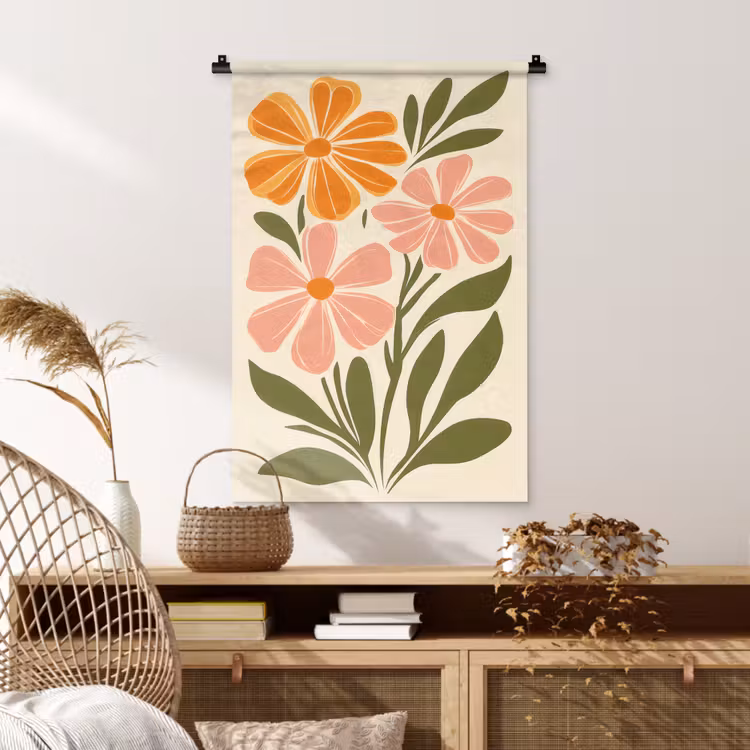 Minimalistisch - Bloemen - Bladeren - Roze Wandkleed katoen klein -sfeer5