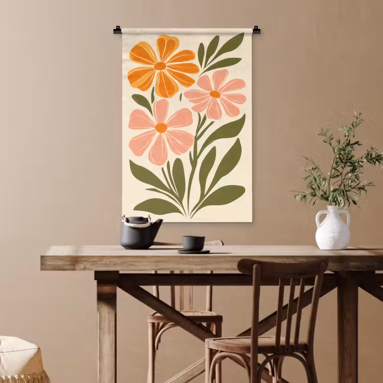 Minimalistisch - Bloemen - Bladeren - Roze Wandkleed katoen klein -sfeer6