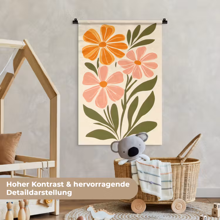 Minimalistisch - Bloemen - Bladeren - Roze Wandkleed katoen klein -xsfeer1_kind_DE