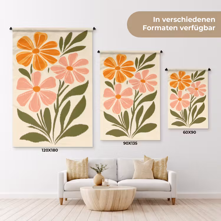 Minimalistisch - Bloemen - Bladeren - Roze Wandkleed katoen klein -tsfeer8_DE