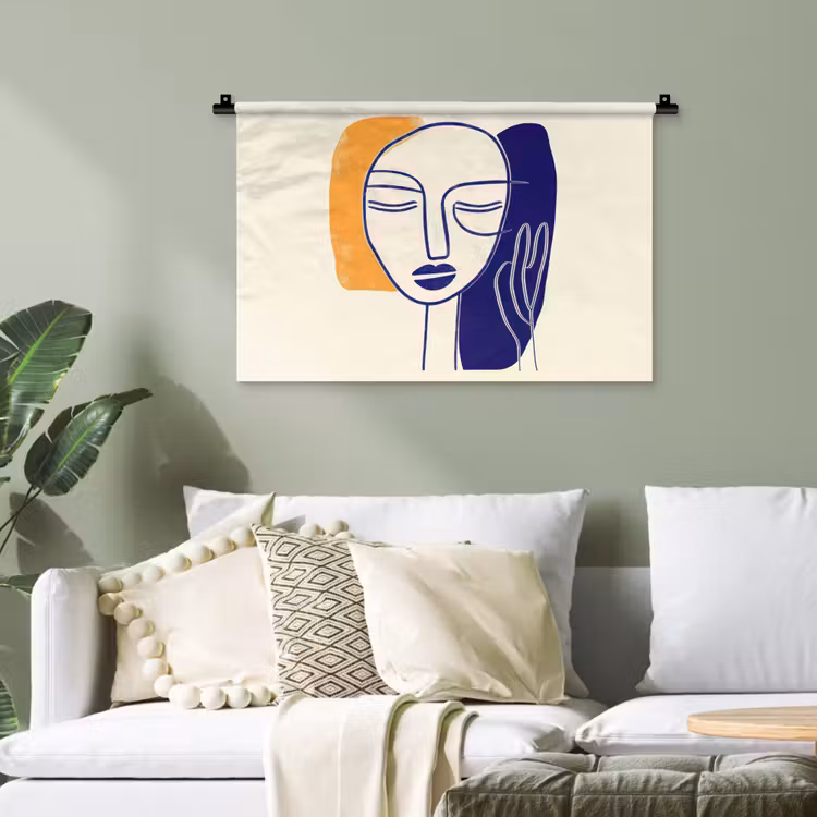Minimalistisch - Gezicht - Hand - Oranje - Blauw Wandkleed katoen klein -sfeer7