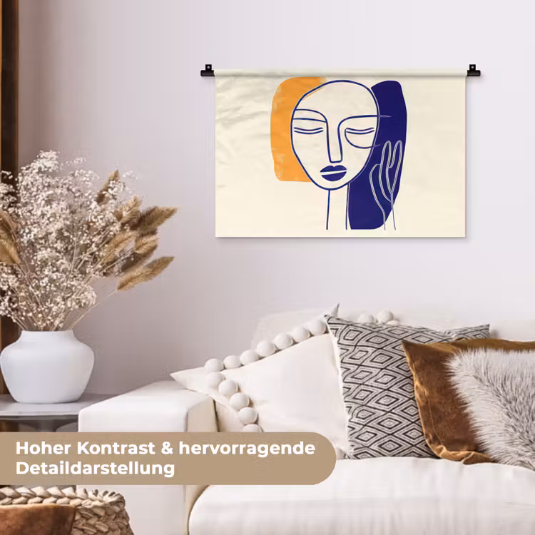 Minimalistisch - Gezicht - Hand - Oranje - Blauw Wandkleed katoen klein -tsfeer1_DE