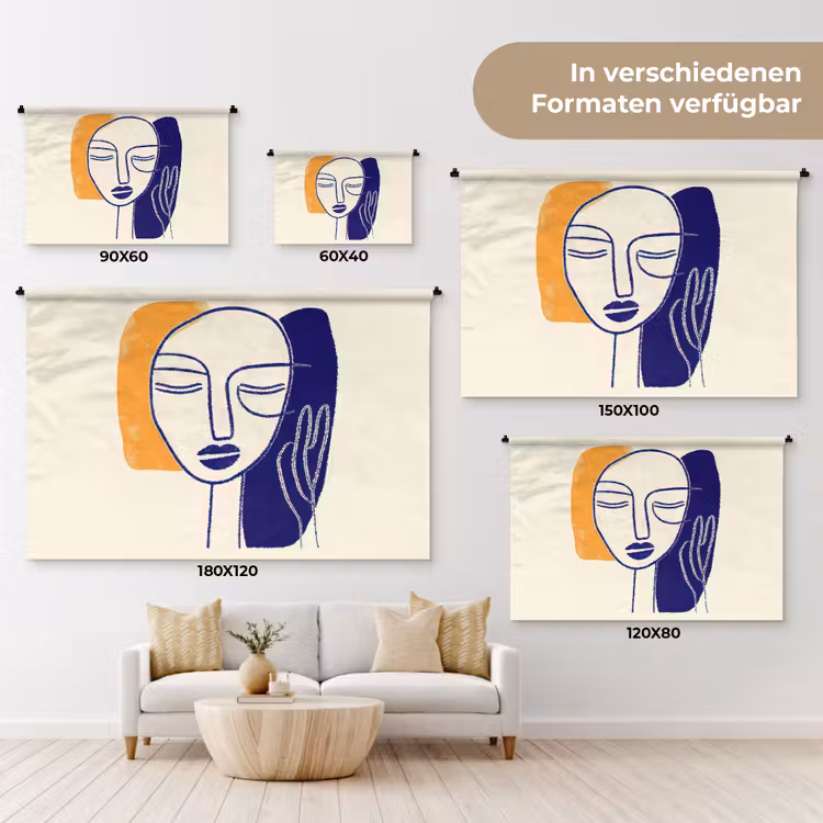 Minimalistisch - Gezicht - Hand - Oranje - Blauw Wandkleed katoen klein -tsfeer8_DE