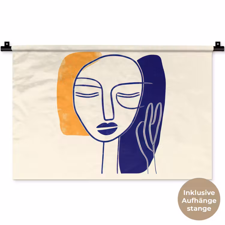 Minimalistisch - Gezicht - Hand - Oranje - Blauw Wandkleed katoen klein -t3d_DE