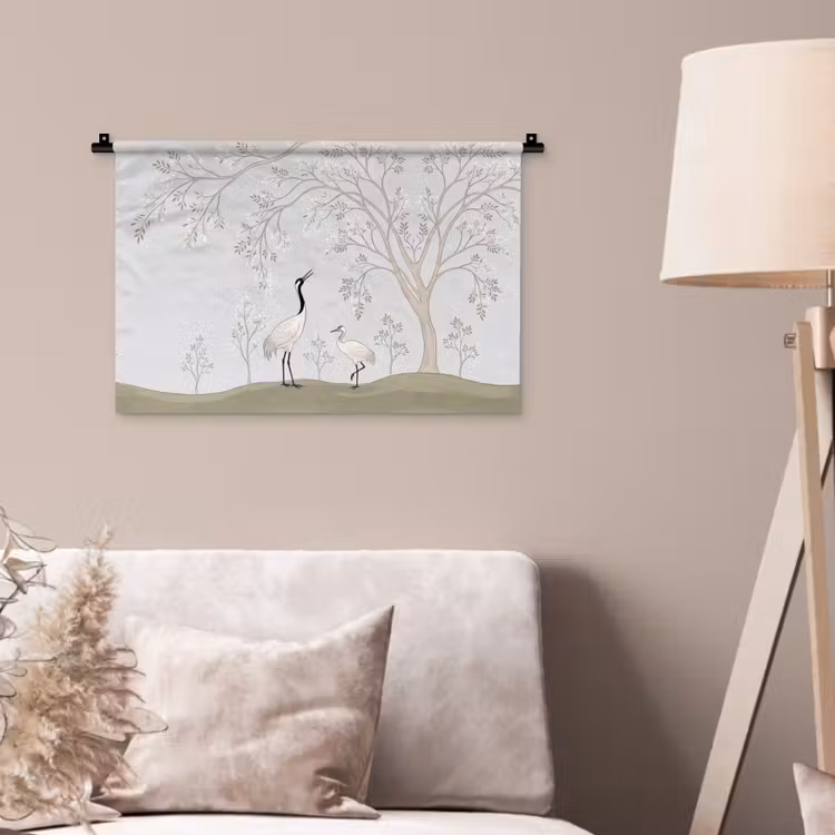 Minimalistisch - Kraanvogels - Blauw Wandkleed katoen klein -sfeer4